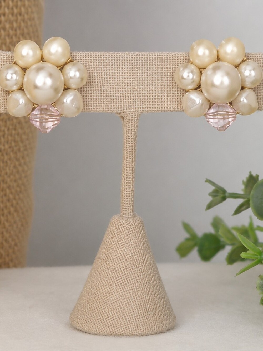 JAPAN Signed Vintage Faux Pearl Cluster Clip-On Earrings Brass Crystal Accent